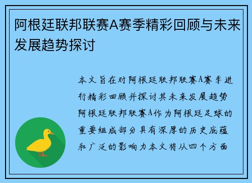 阿根廷联邦联赛A赛季精彩回顾与未来发展趋势探讨